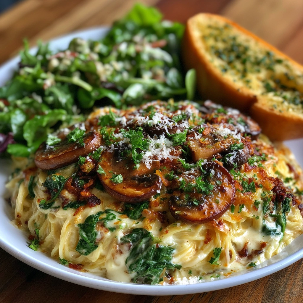 A serving of creamy spinach and mushroom pasta with garlic bread and fresh salad on the side.