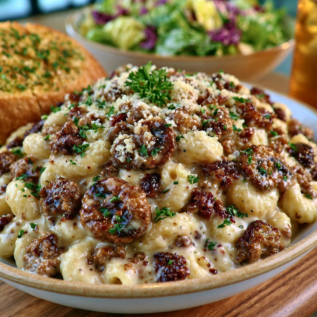 Creamy Beef and Mushroom Macaroni Family Dinner Creamy Beef and Mushroom Macaroni served with garlic bread and salad