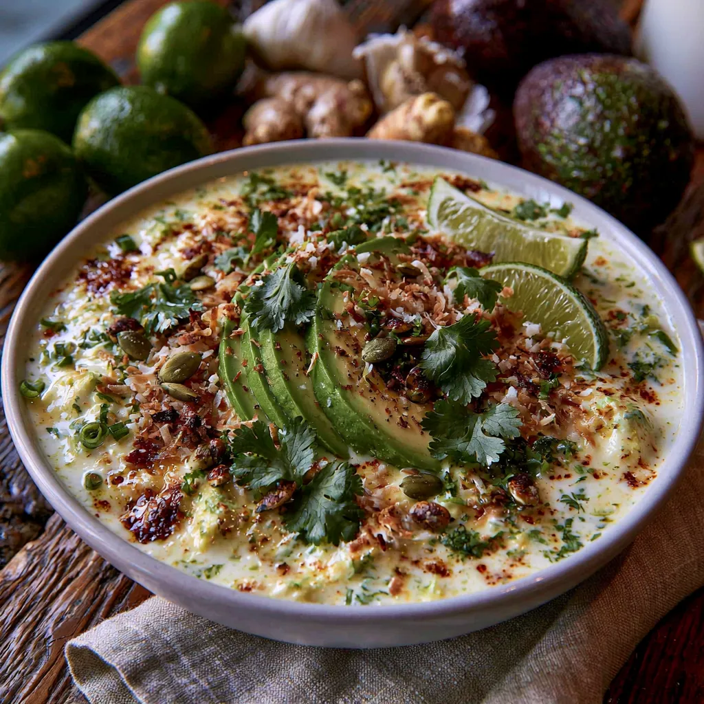 A bowl of creamy coconut lime soup with avocado topped with cilantro, lime wedges, toasted coconut flakes, and pumpkin seeds.