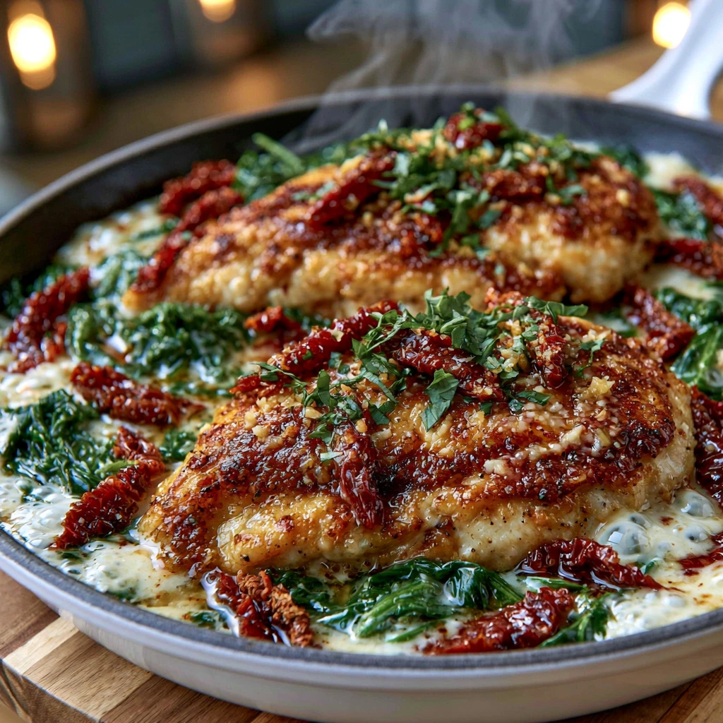 Cooking Tuscan Garlic Chicken with Spinach in a skillet