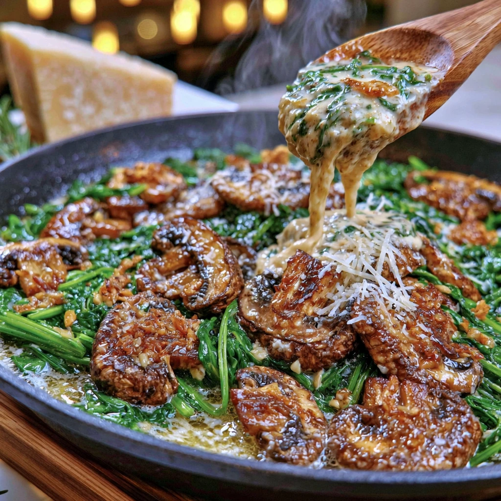 Garlic, mushrooms, spinach, and cream cooking together in a skillet for creamy spinach and mushroom pasta.