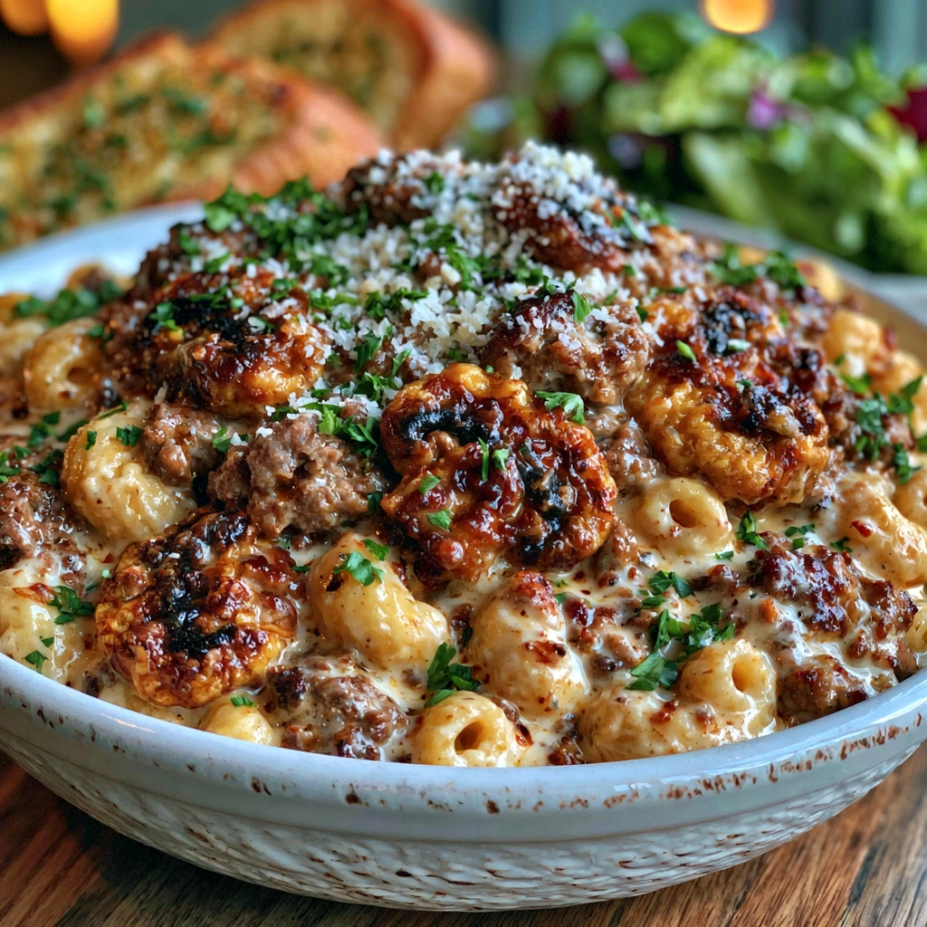 Creamy Beef and Mushroom Macaroni served in a bowl with Parmesan cheese and fresh parsley