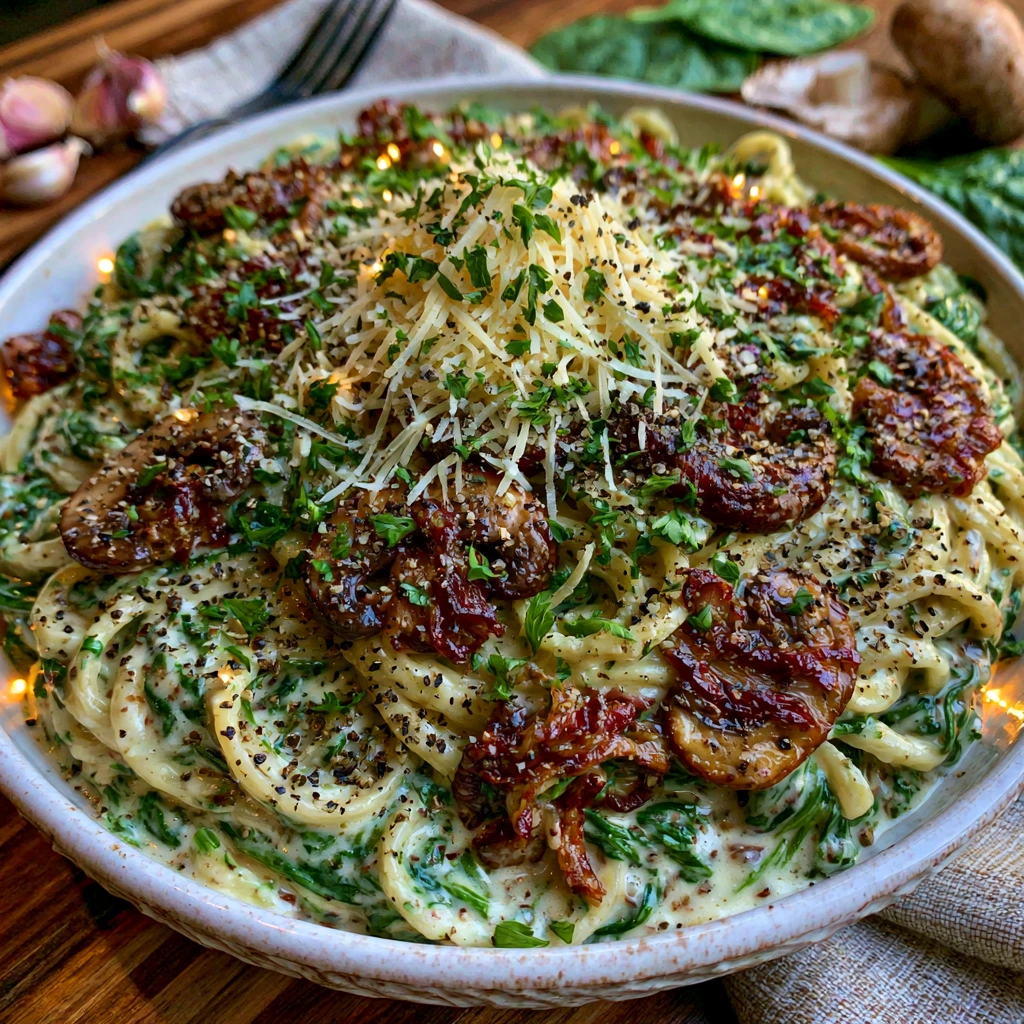 Creamy Spinach and Mushroom Pasta served in a bowl with sautéed mushrooms, fresh spinach, and Parmesan cheese.