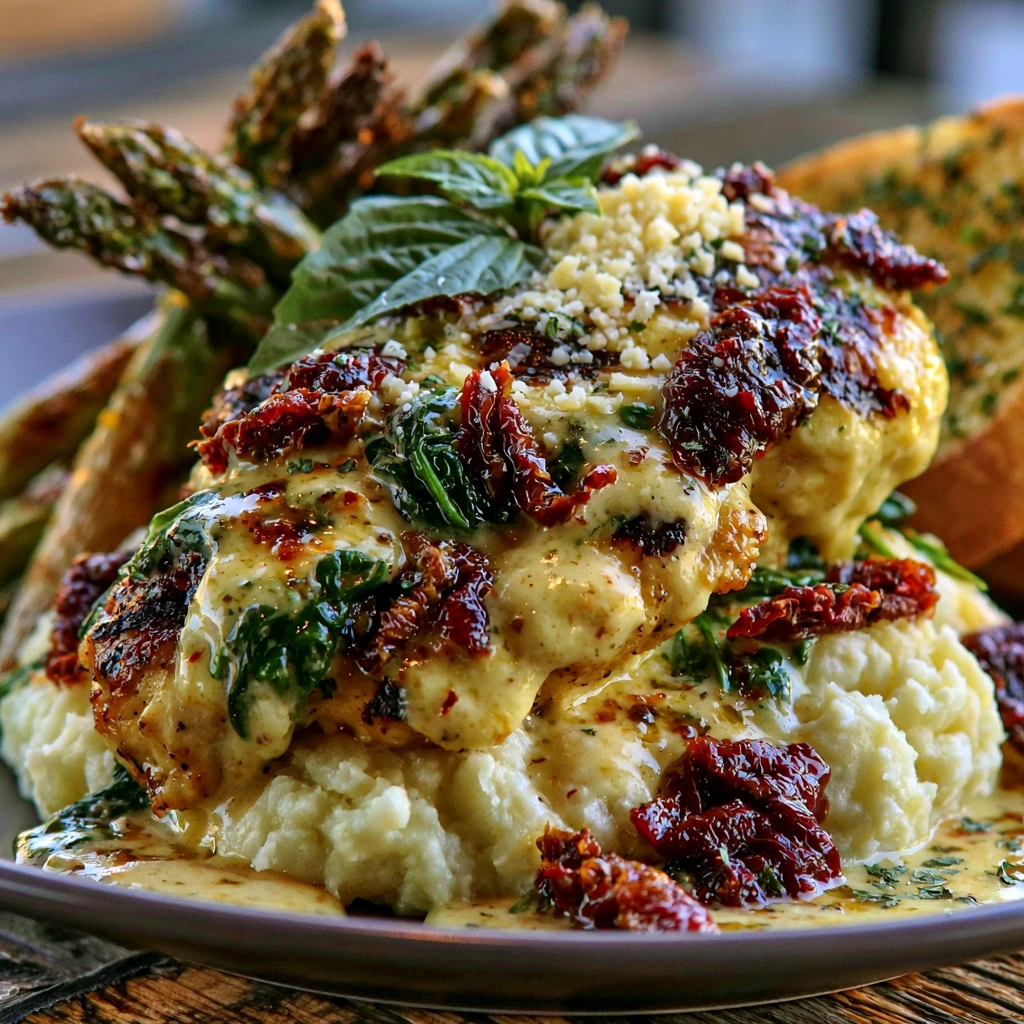 Tuscan Garlic Chicken with Spinach served with mashed potatoes