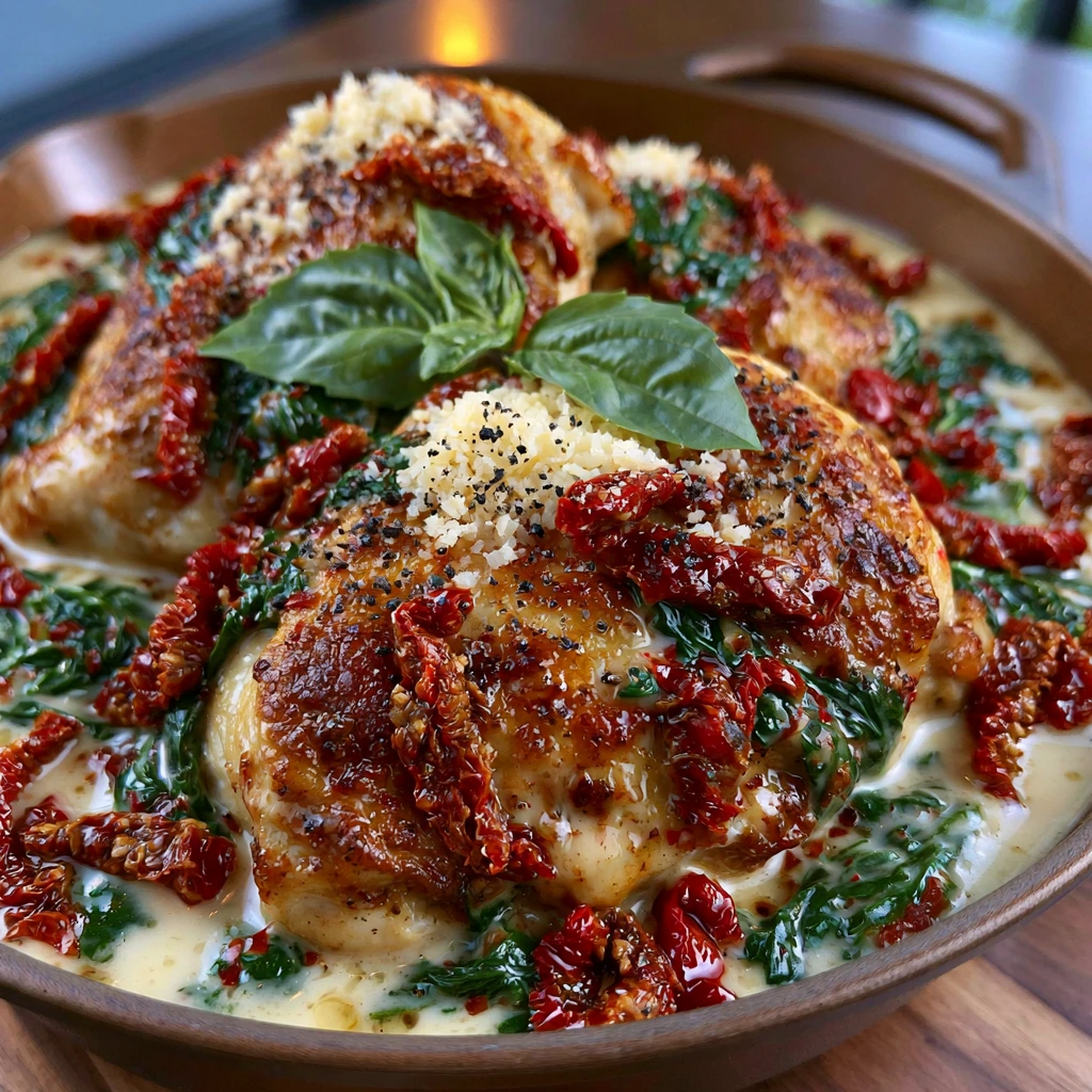 Creamy Tuscan Garlic Chicken with Spinach in a cast-iron skillet
