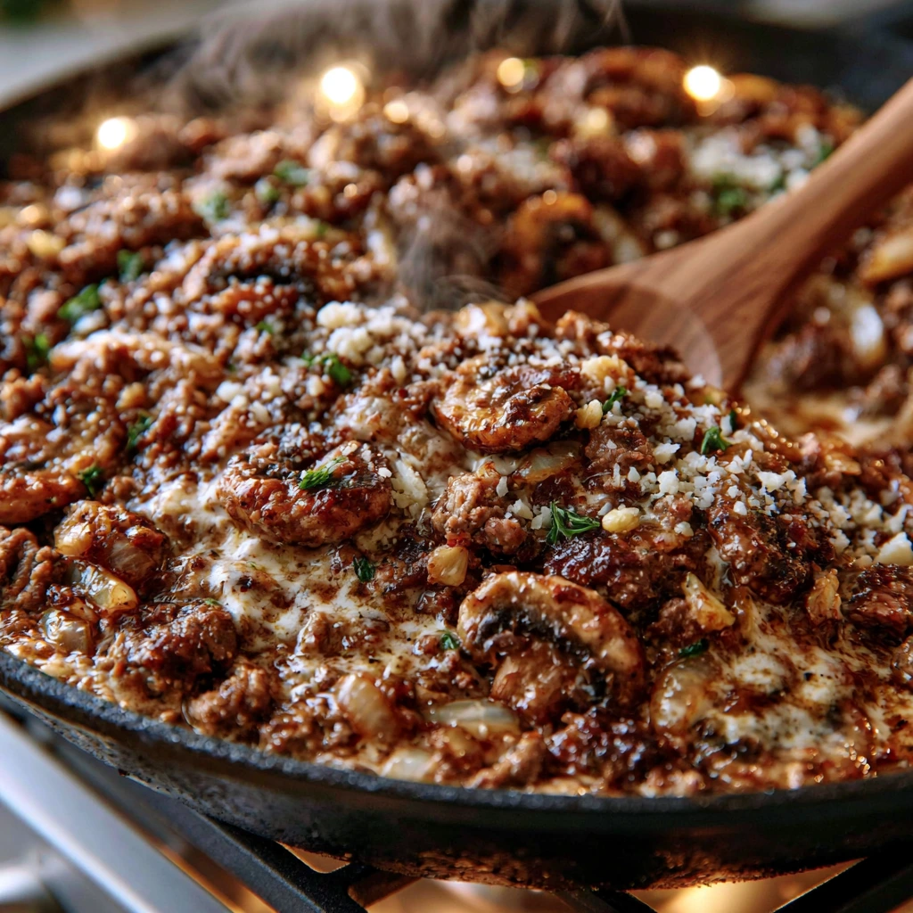 How to Cook Creamy Beef and Mushroom Macaroni Cooking Creamy Beef and Mushroom Macaroni in a skillet with creamy Parmesan sauce