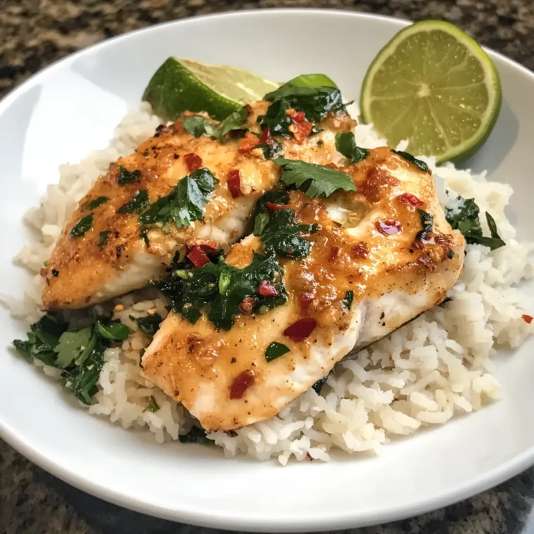 A serving of coconut lime fish over fluffy rice, garnished with lime wedges and fresh cilantro.