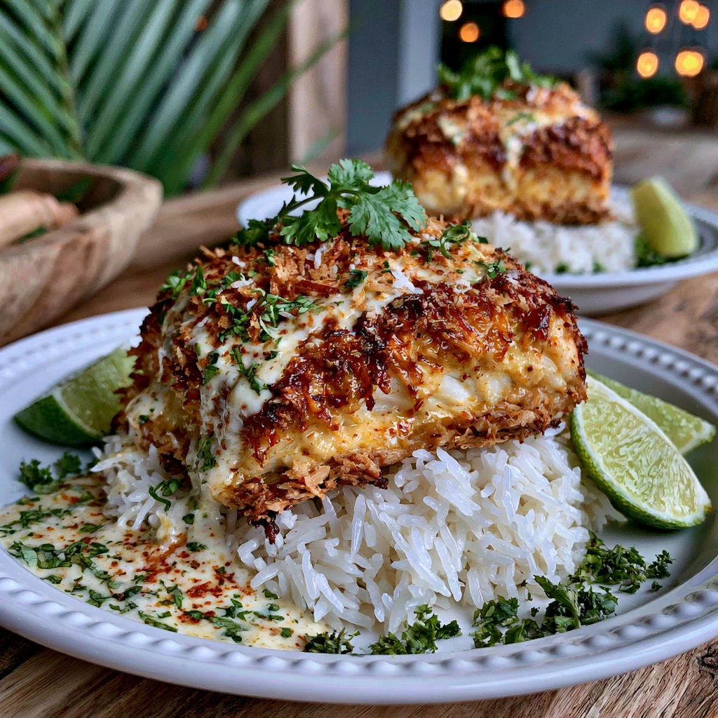 Homemade Coconut Lime Fish with Rice served on dinner plates with creamy sauce and fresh lime wedges.