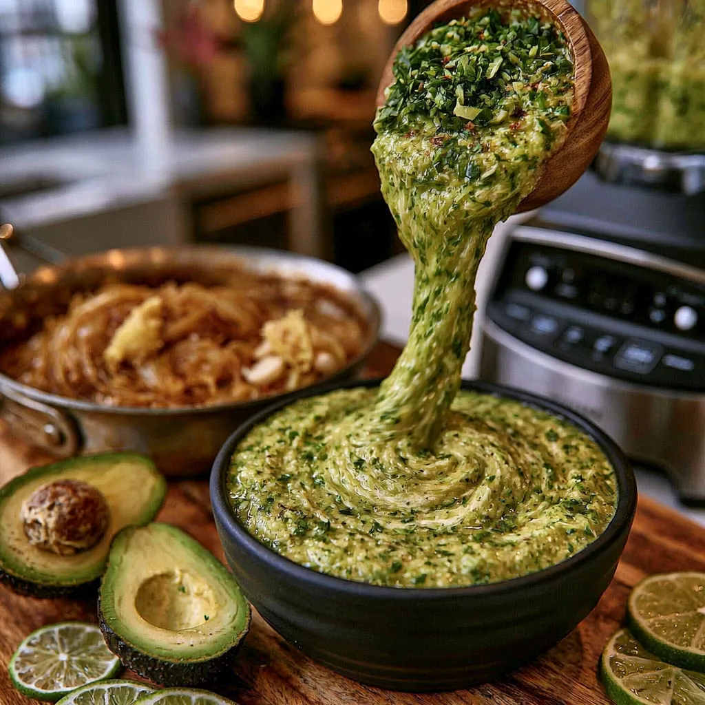 Blending Creamy Coconut Lime Soup with Avocado until smooth and creamy in a modern kitchen.