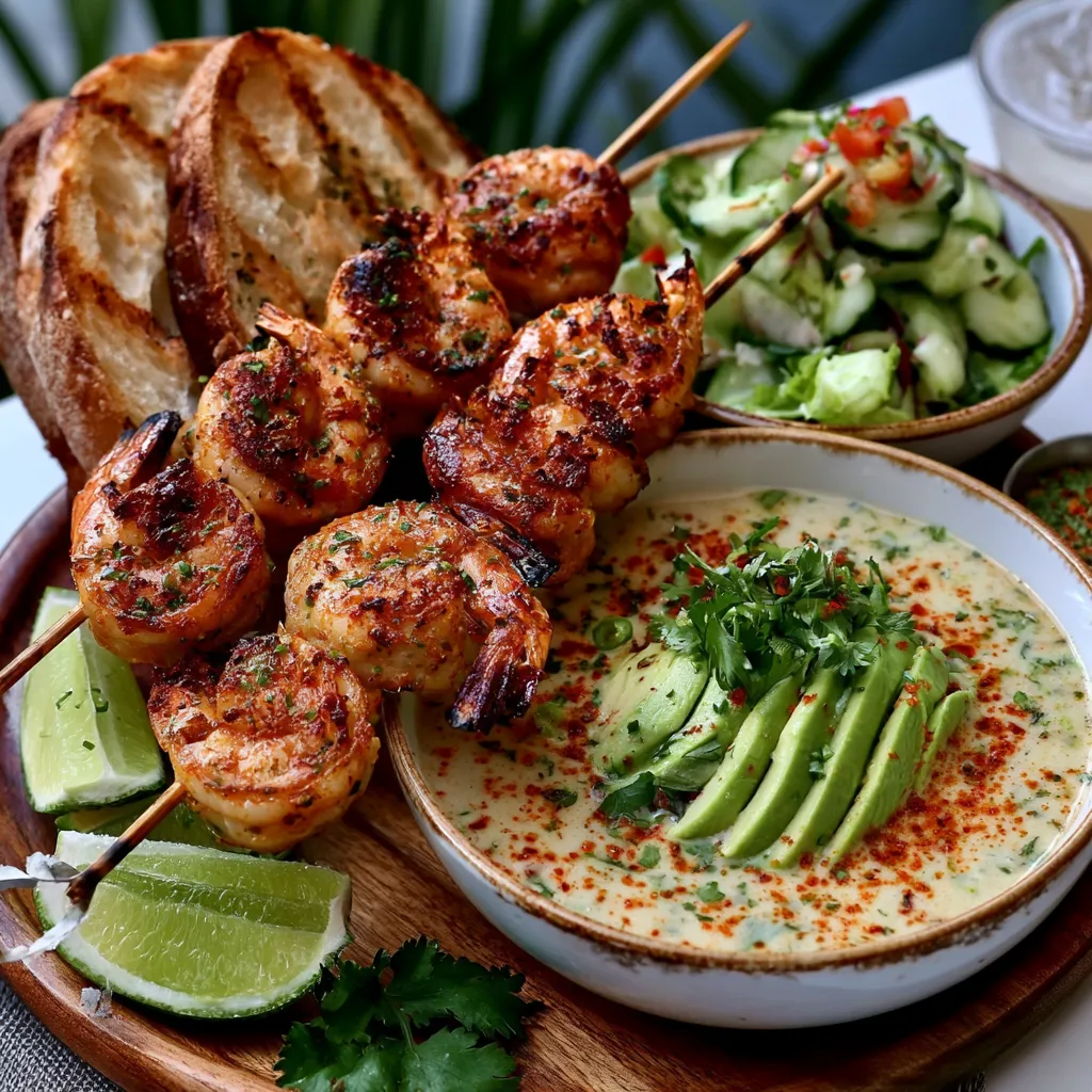 Creamy Coconut Lime Soup with Avocado served with grilled shrimp, artisan bread, and fresh salad.