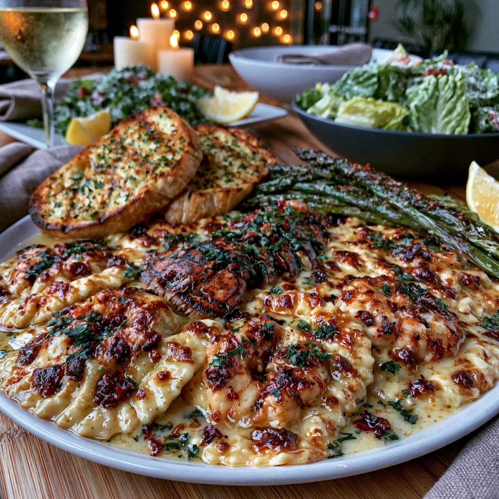 Elegant Lobster Ravioli Dinner Lobster Ravioli in Zesty Lemon Butter Sauce served with garlic bread, asparagus, and white wine.