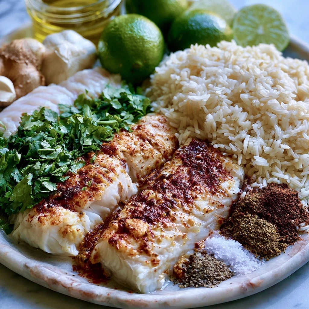 Fresh ingredients including white fish, coconut milk, jasmine rice, limes, garlic, ginger, cilantro, and spices