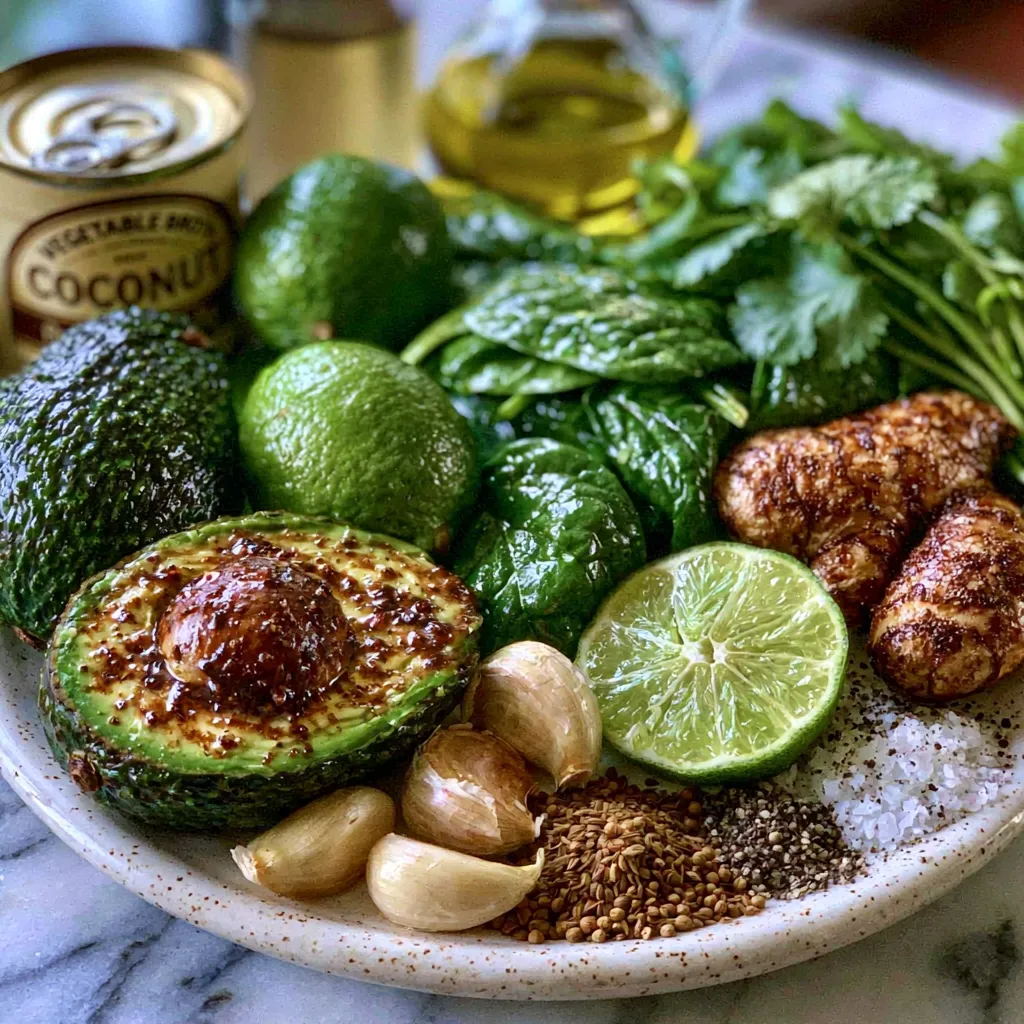 Fresh ingredients including avocado, coconut milk, lime, spinach, garlic, ginger, cilantro, and spices for making Creamy Coconut Lime Soup with Avocado.