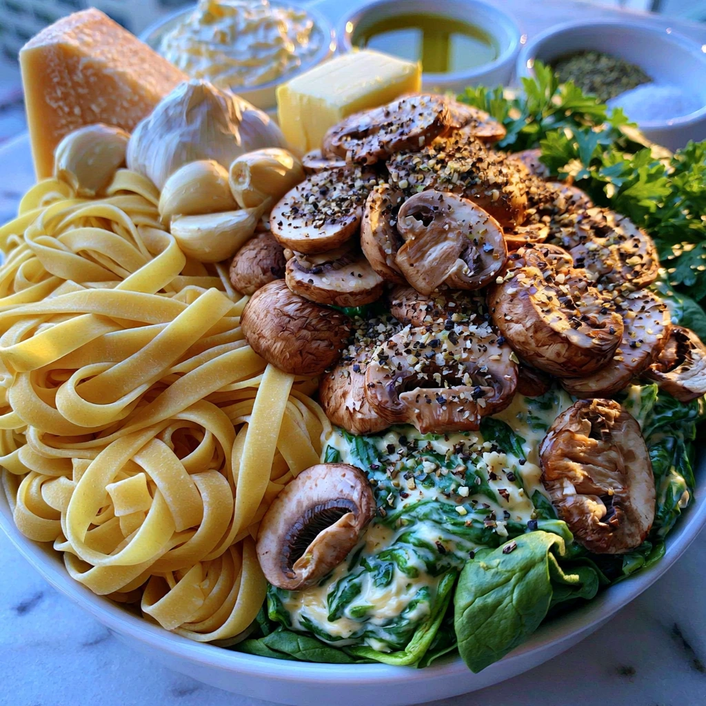 Fresh ingredients including pasta, mushrooms, spinach, garlic, Parmesan cheese, and cream for making creamy spinach and mushroom pasta.