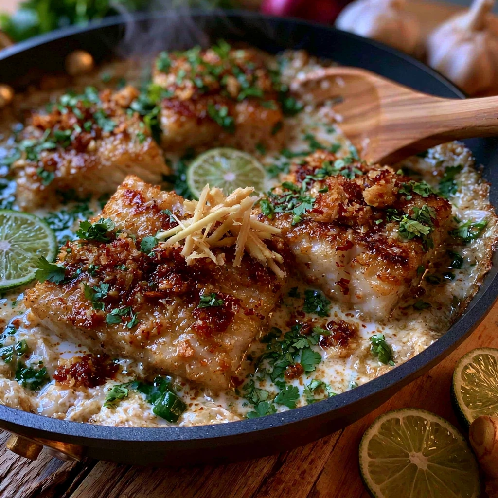 White fish simmering in creamy coconut lime sauce with garlic, ginger, and fresh herbs in a skillet.