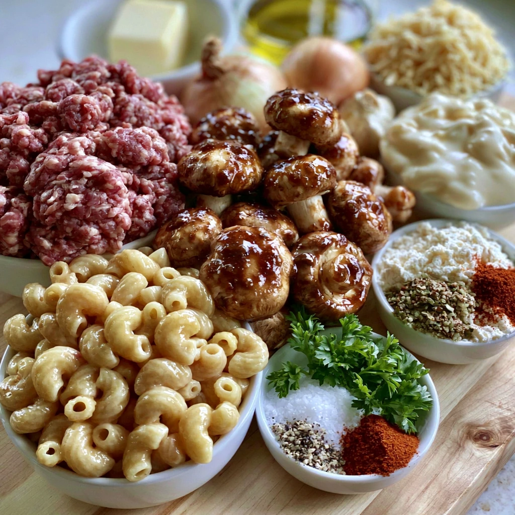 Ingredients for Creamy Beef and Mushroom Macaroni Fresh ingredients for Creamy Beef and Mushroom Macaroni including ground beef, mushrooms, macaroni, cream, and Parmesan