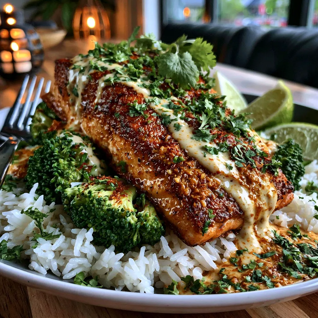 Plated Coconut Curry Salmon with Broccoli served over jasmine rice with lime wedges and fresh cilantro.