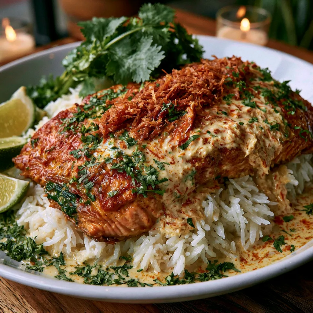 A beautifully plated serving of Coconut Curry Salmon with Jasmine Rice on a dinner table with fresh herbs and lime.