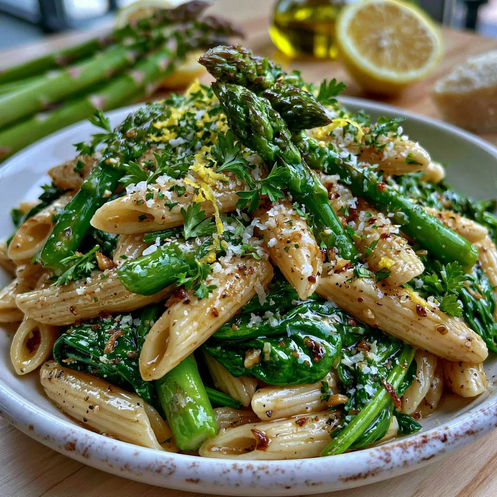 Home 13 Bowl of pasta with spinach and asparagus topped with Parmesan cheese and fresh parsley.