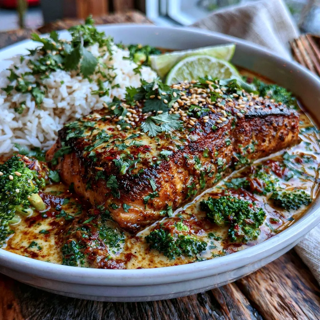 Creamy Coconut Curry Salmon with Broccoli served in a bowl with jasmine rice and fresh cilantro.