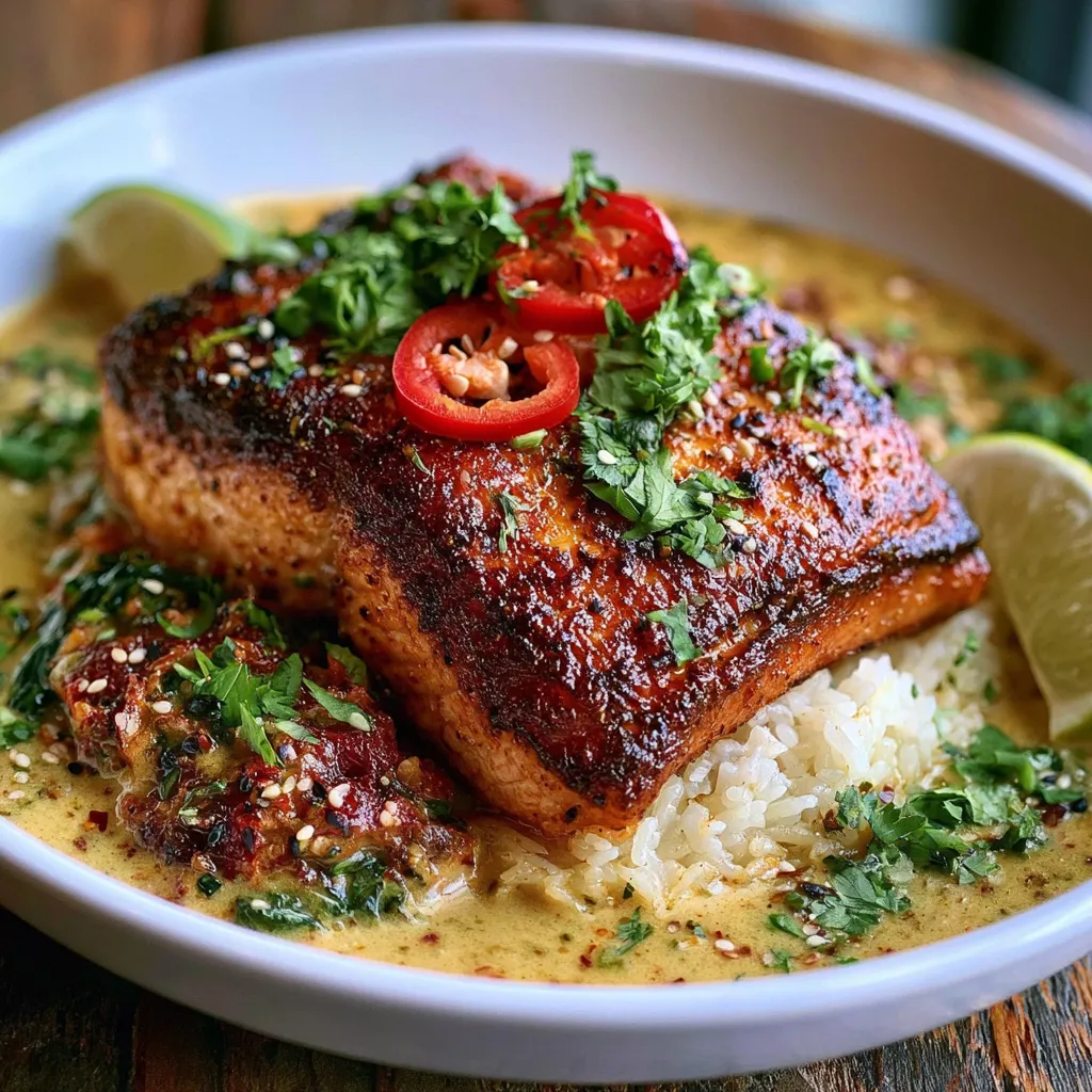 Home 12 A bowl of creamy Coconut Curry Salmon with Jasmine Rice topped with fresh cilantro, sesame seeds, and lime wedges.