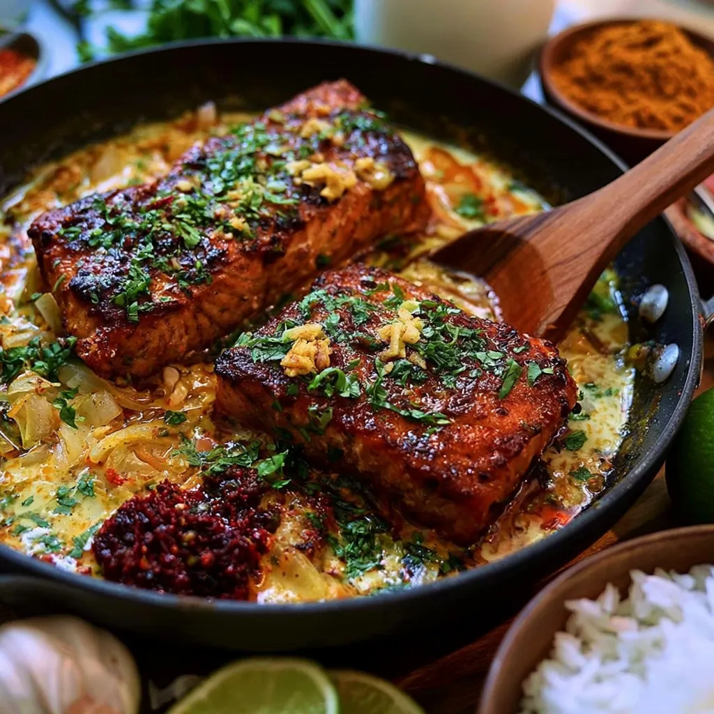 Salmon fillets simmering in a creamy coconut curry sauce with garlic, ginger, and onions in a skillet.