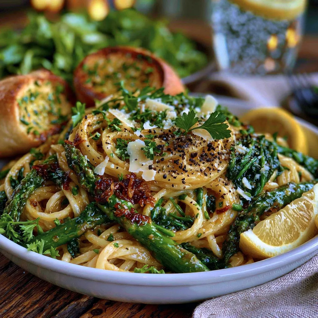 Healthy Pasta with Spinach and Asparagus Dinner Healthy Pasta with Spinach and Asparagus served with garlic bread and fresh salad.