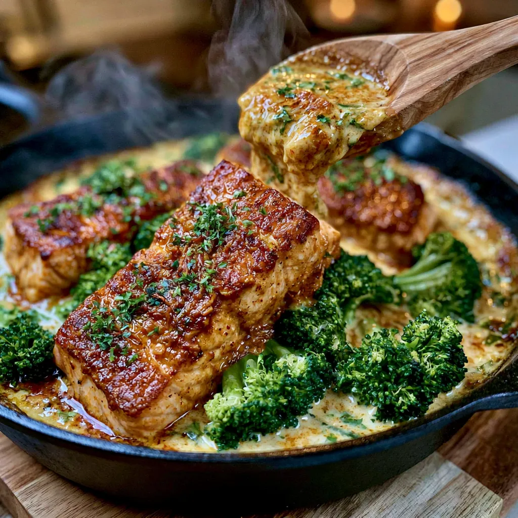 Salmon and broccoli simmering in a creamy coconut curry sauce in a skillet.