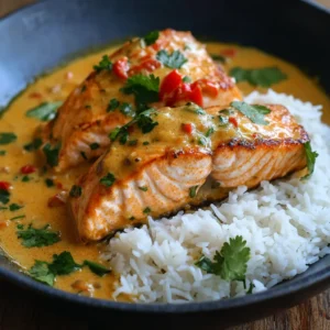 Coconut Curry Salmon served with Jasmine Rice and fresh herbs
