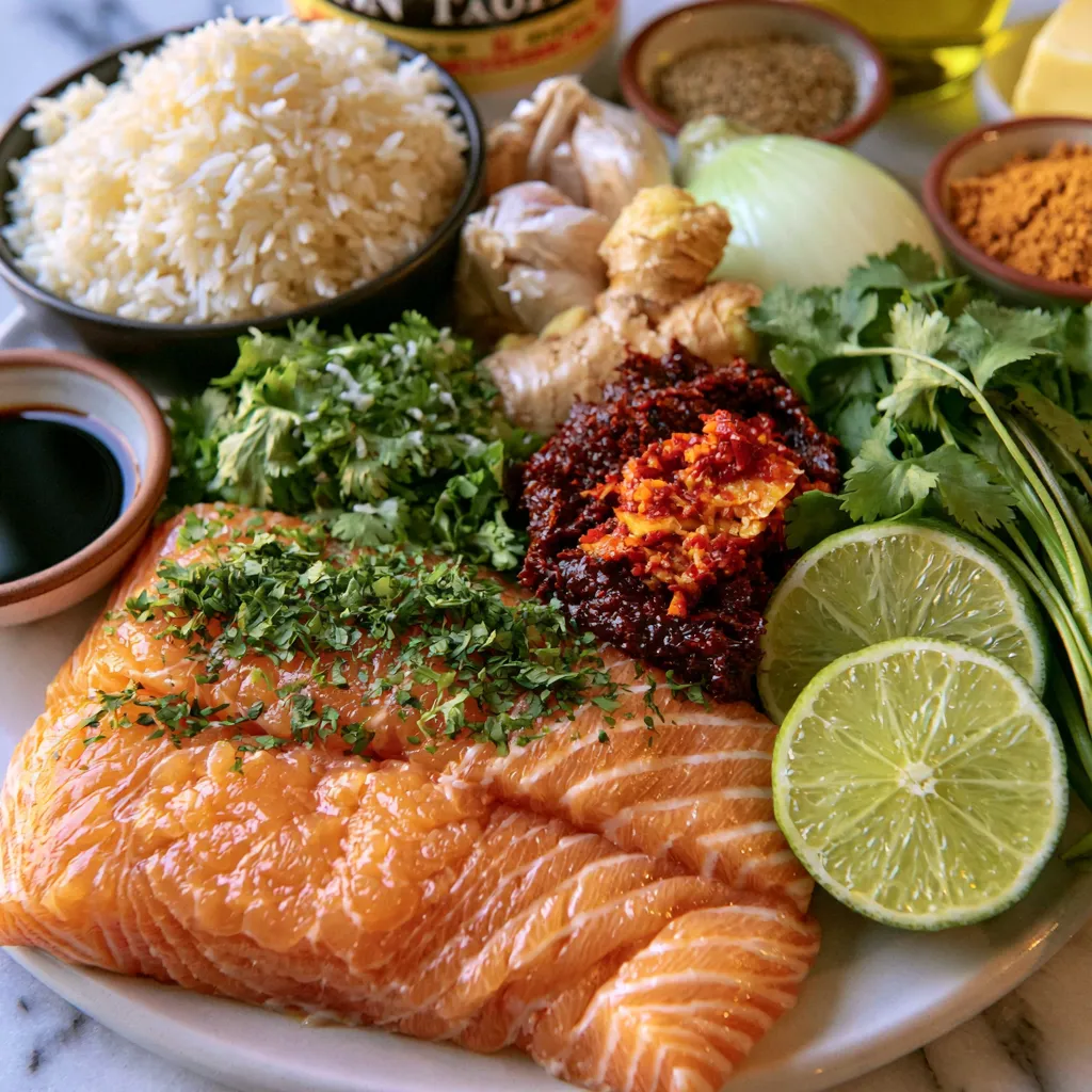 Fresh ingredients including salmon, coconut milk, jasmine rice, garlic, ginger, curry paste, onion, cilantro, and lime.