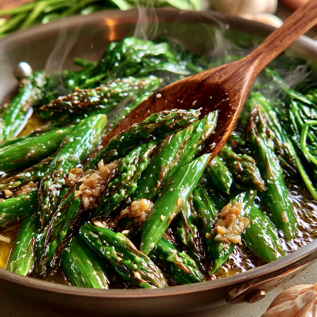 Sautรฉing Spinach and Asparagus for Pasta Fresh asparagus and spinach sautรฉing with garlic in a skillet for Pasta with Spinach and Asparagus.