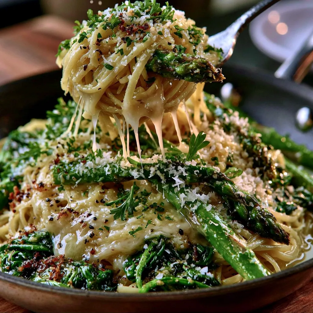 Mixing Pasta with Spinach and Asparagus Pasta tossed with spinach, asparagus, Parmesan cheese, and lemon in a large skillet.