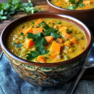 A bowl of creamy lentil coconut soup garnished with fresh cilantro and served with naan bread.