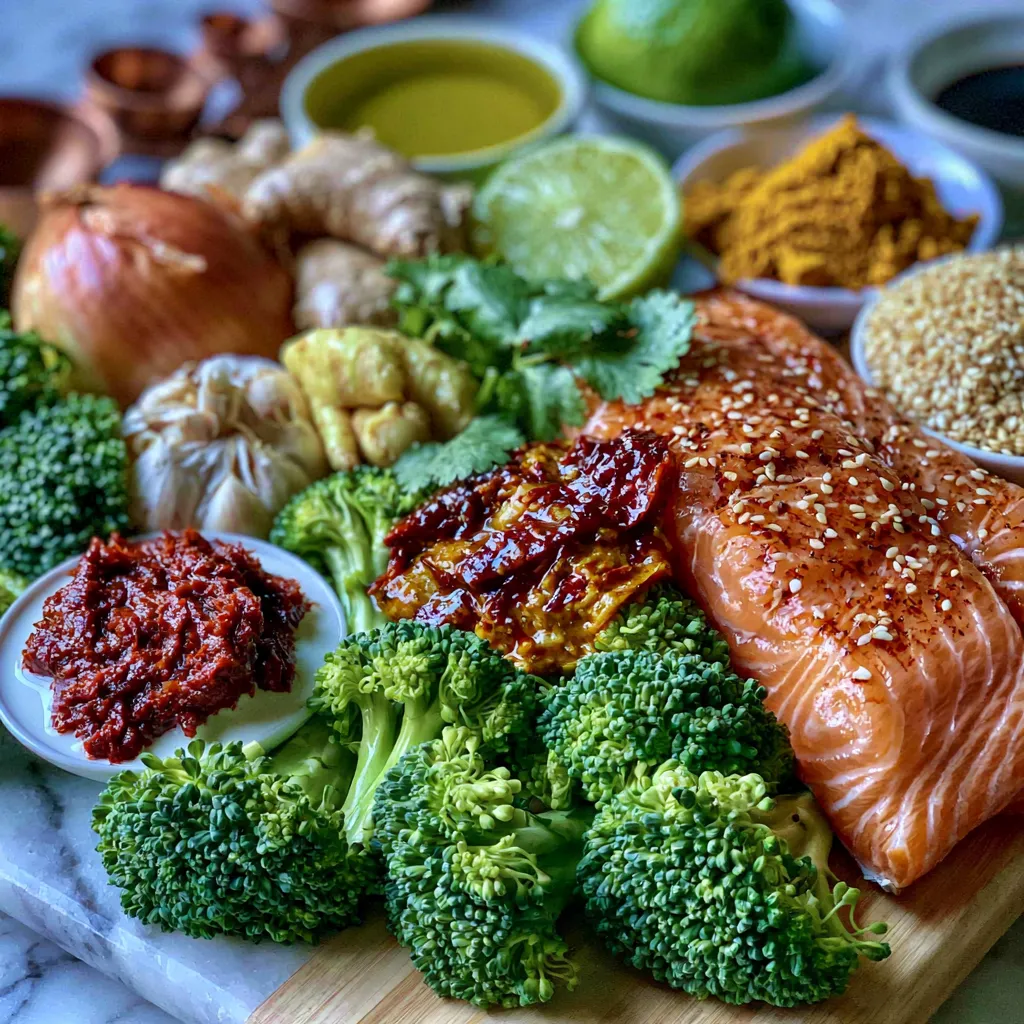 Fresh ingredients for Coconut Curry Salmon with Broccoli including salmon, broccoli, coconut milk, curry paste, garlic, ginger, and lime.