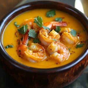 A steaming bowl of Spicy Coconut Shrimp Soup garnished with fresh cilantro and lime wedges.