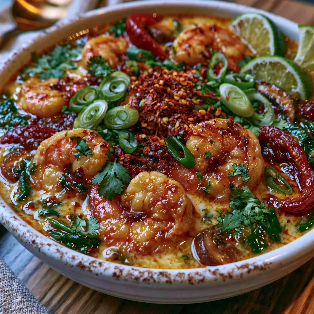 Home 11 Creamy spicy coconut shrimp soup with juicy shrimp, bell peppers, spinach, mushrooms, and fresh cilantro in a white bowl.
