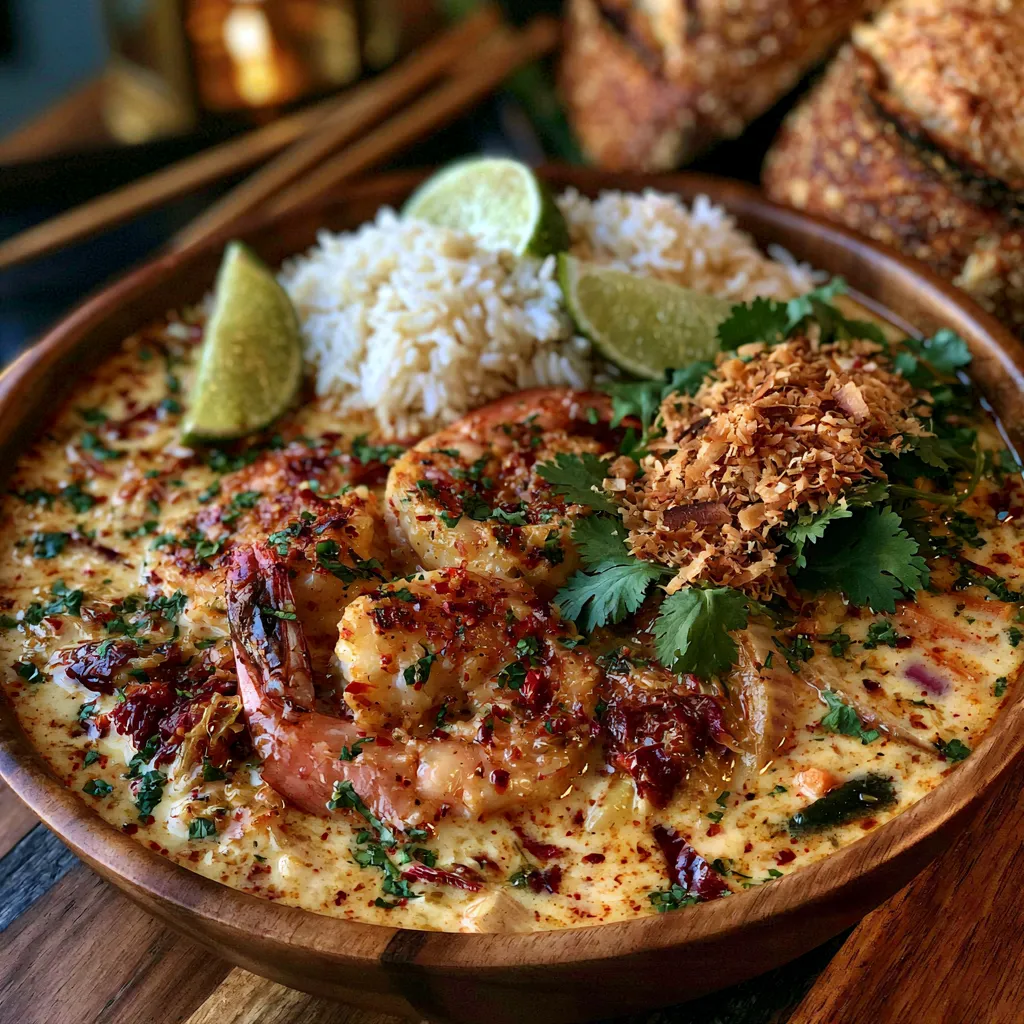 A bowl of Spicy Coconut Shrimp Soup served with jasmine rice, lime wedges, fresh cilantro, and artisan bread.