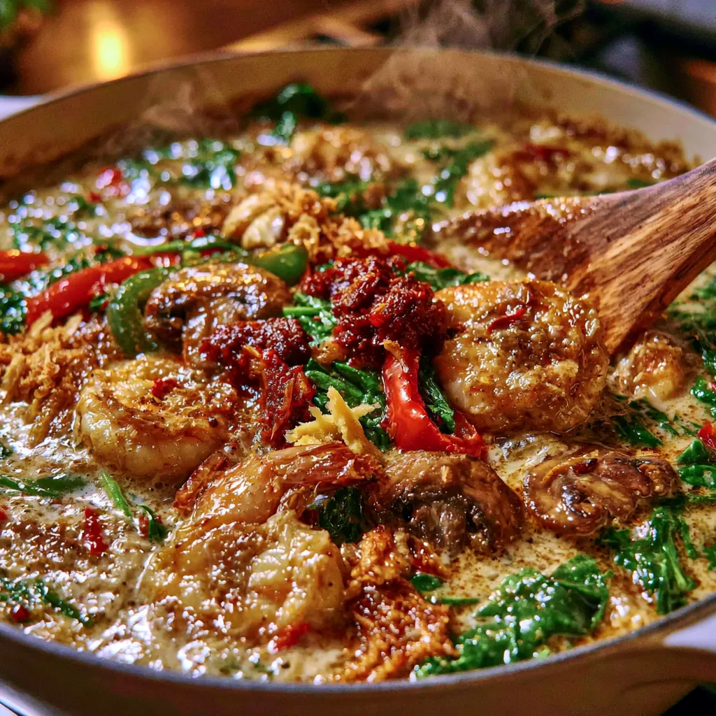 Spicy Coconut Shrimp Soup simmering in a pot with shrimp, coconut broth, mushrooms, spinach, and bell peppers.