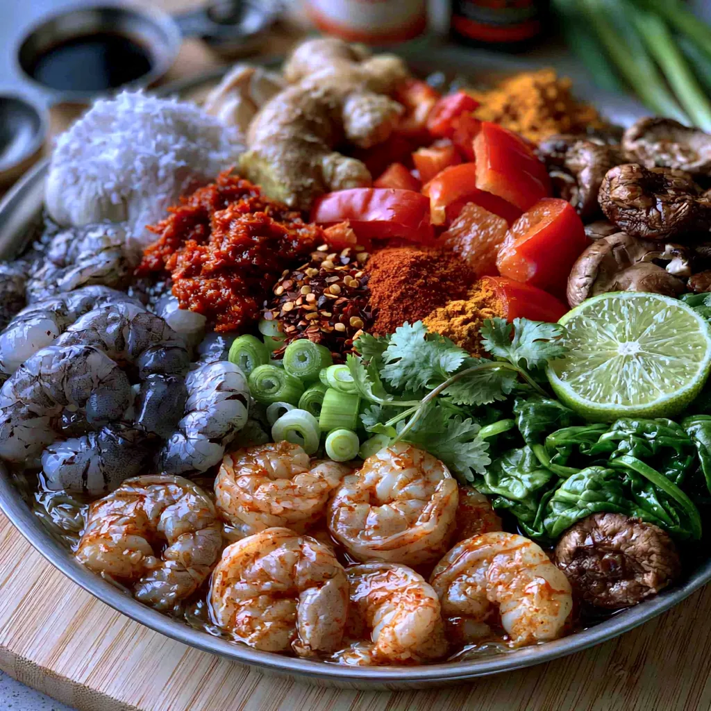 Fresh ingredients including shrimp, coconut milk, garlic, ginger, bell peppers, mushrooms, spinach, and spices for Spicy Coconut Shrimp Soup.
