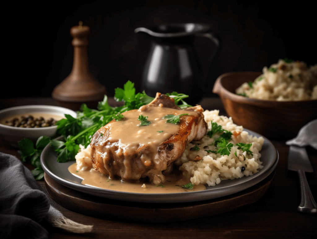 Slow Cooker Pork Chops and Stuffing – Ultimate Comfort in 5 Steps 2 Served plate of slow cooker pork chops and stuffing with gravy