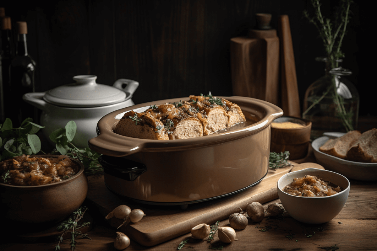 Rustic setup with slow cooker pork chops and stuffing