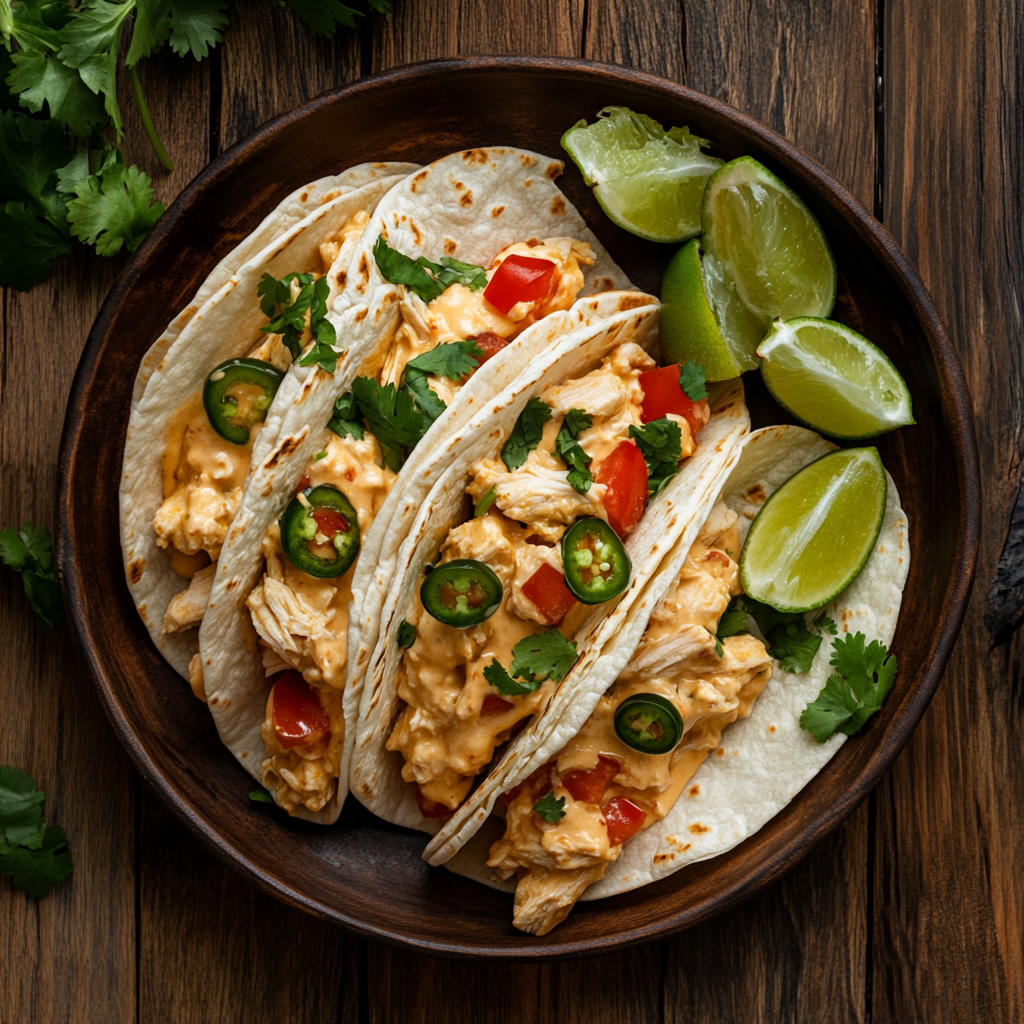 Slow cooker queso chicken tacos on a rustic wooden table