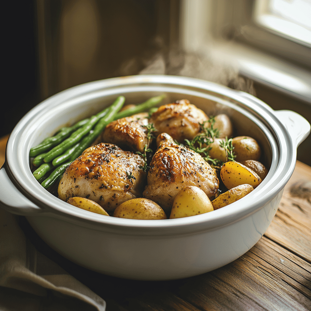 Home 1 Slow cooker chicken potatoes green beans comfort meal