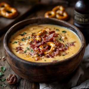 Beer cheese soup slow cooker recipe served with bacon and pretzels