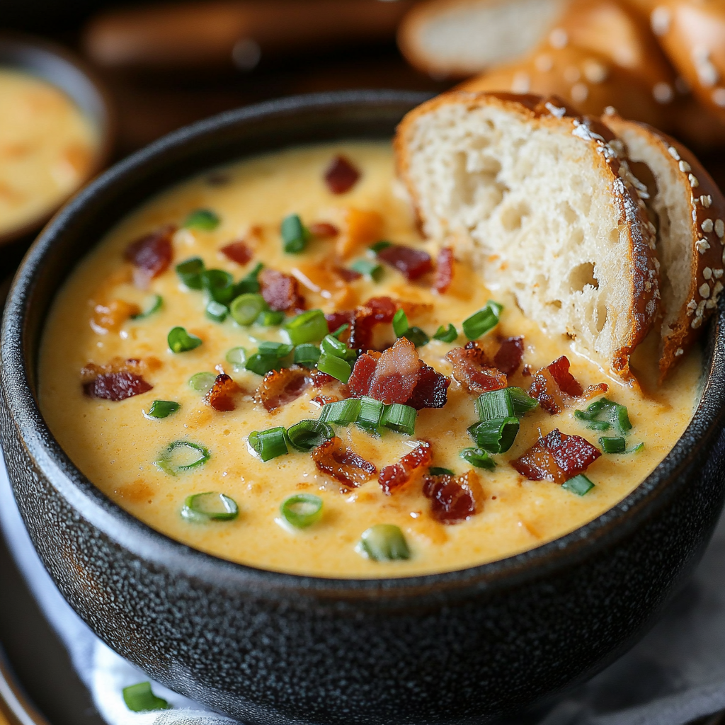 Beer Cheese Soup Slow Cooker – Ultimate 5-Step Comfort Guide 6 Serving of beer cheese soup with bacon and pretzel bread