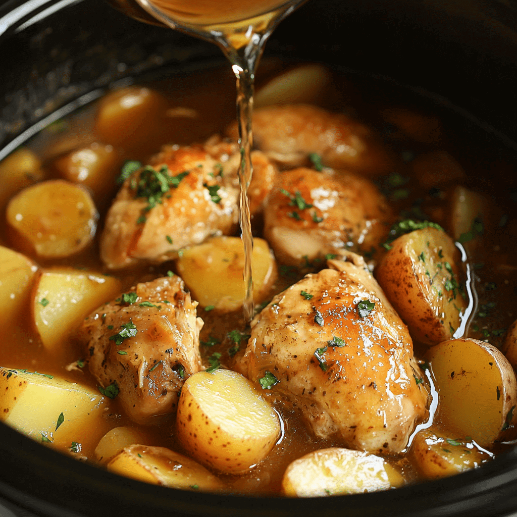 Slow Cooker Chicken Potatoes – 1 Ultimate Comfort Meal 7 Chicken and potatoes in crockpot with broth