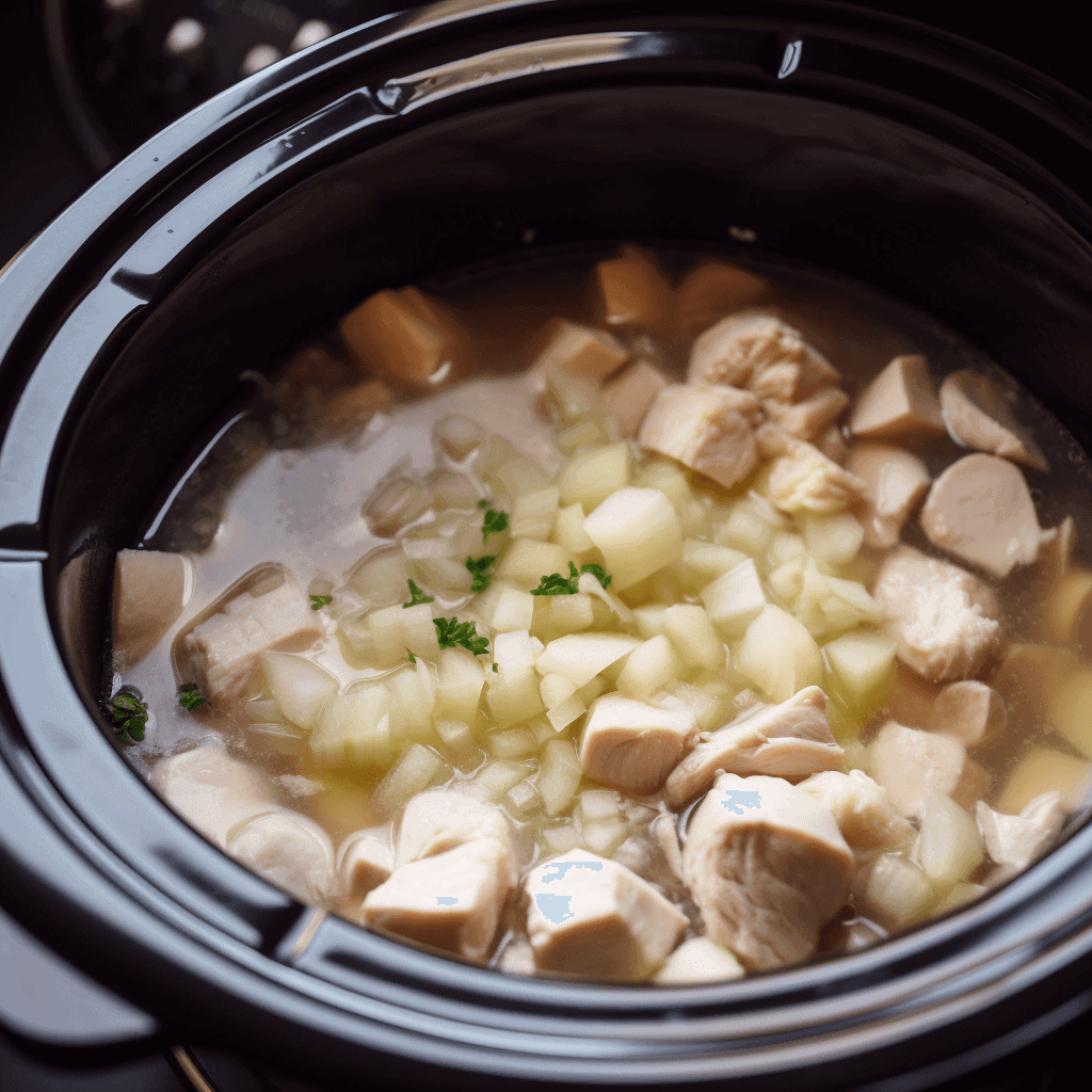 Chicken Broccoli Soup Slow Cooker – 4 Step Ultimate Comfort Bowl 7 Chicken cooking in a slow cooker for soup