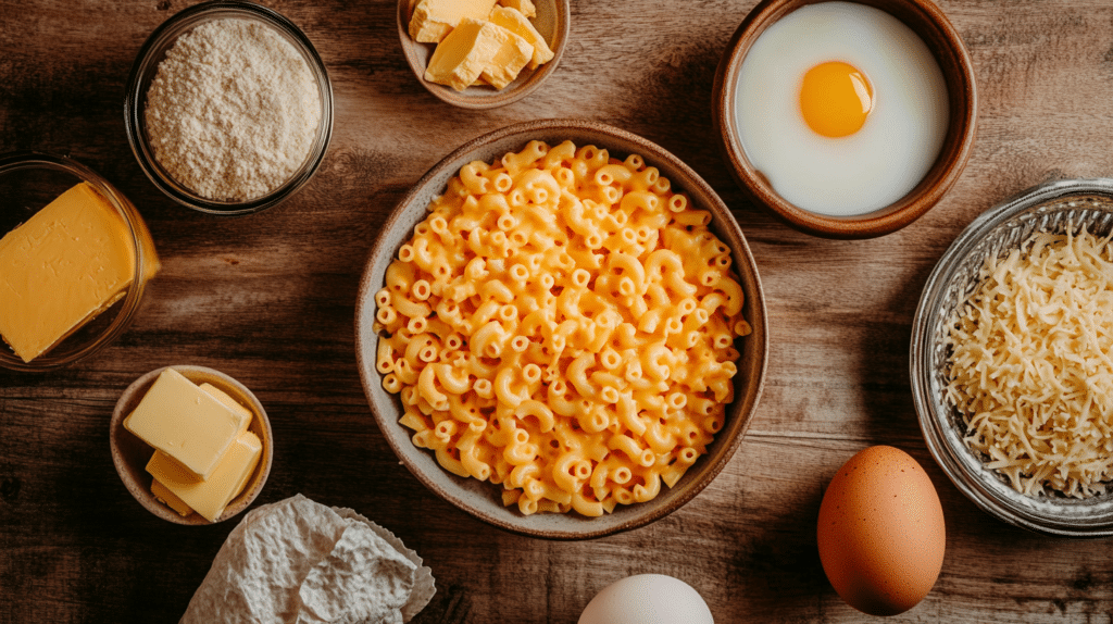Slow Cooker Mac and Cheese Paula Deen –1 Best Creamy Recipe You’ll Love 6 mac cheese ingredients flat lay