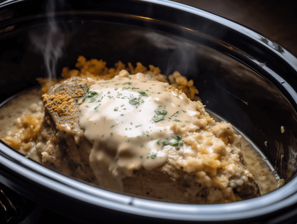 Slow Cooker Pork Chops and Stuffing – Ultimate Comfort in 5 Steps 1 Layered slow cooker pork chops and stuffing before cooking
