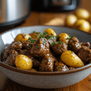 slow cooker garlic butter beef bites and potatoes in rustic bowl